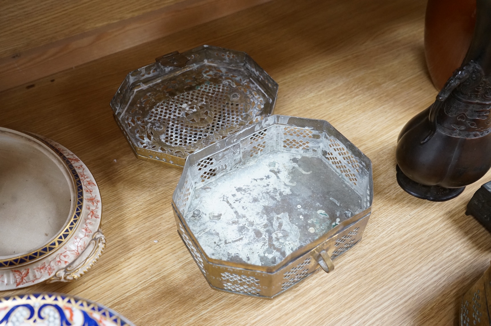 A Japanese archaistic bronze vase, seal mark to base, together with two Indian brass Paan boxes and a Medieval revival bronze casket, tallest 26cm